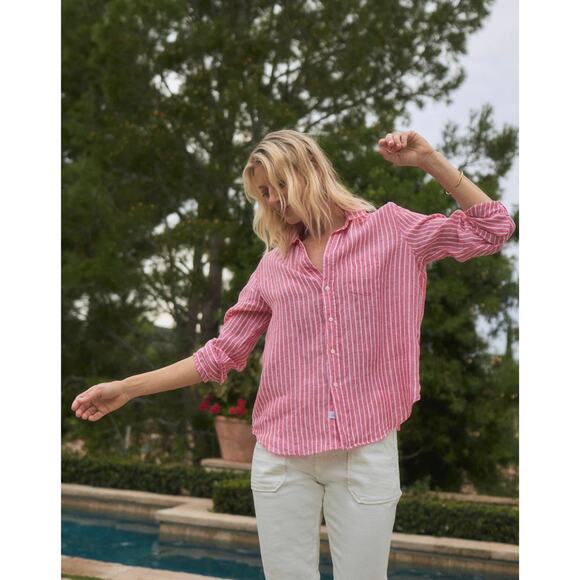 Frank & Eileen Linen Barry Button Down Top Shirt XS Washed Red Pink Striped - Picture 1 of 7